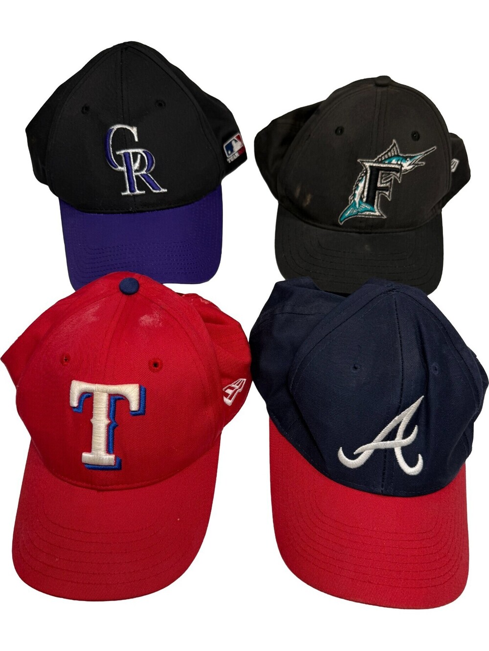4 pc Lot Vintage Youth MLB Baseball Hats Braves Rockies Rangers Marlins New Era